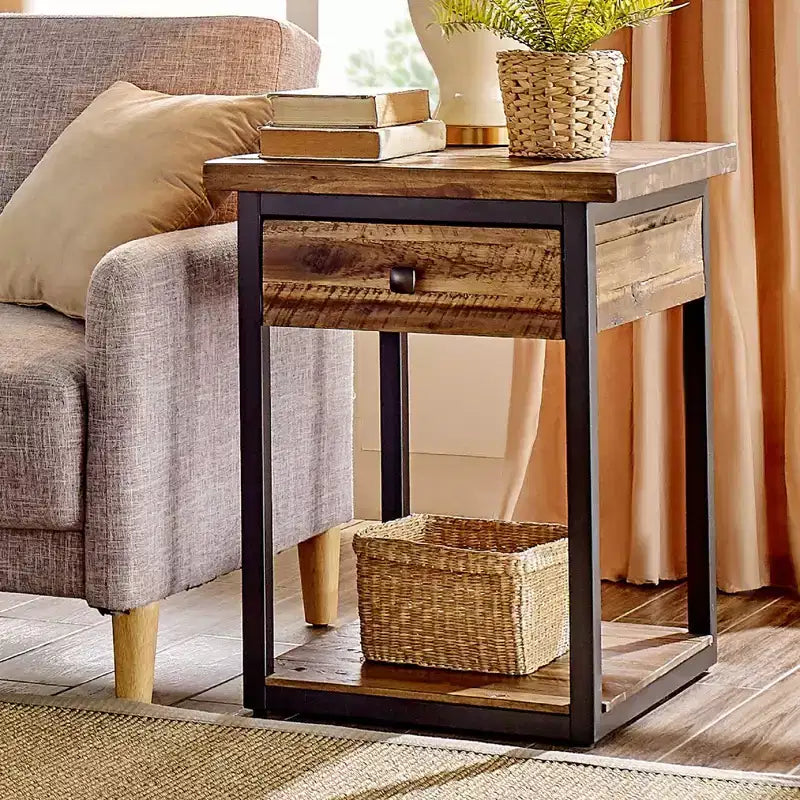 Table basse rustique en bois Claremont et 2 tables d'appoint noires – Alaterre Furniture : ensemble 3 pièces avec étagère et tiroirs