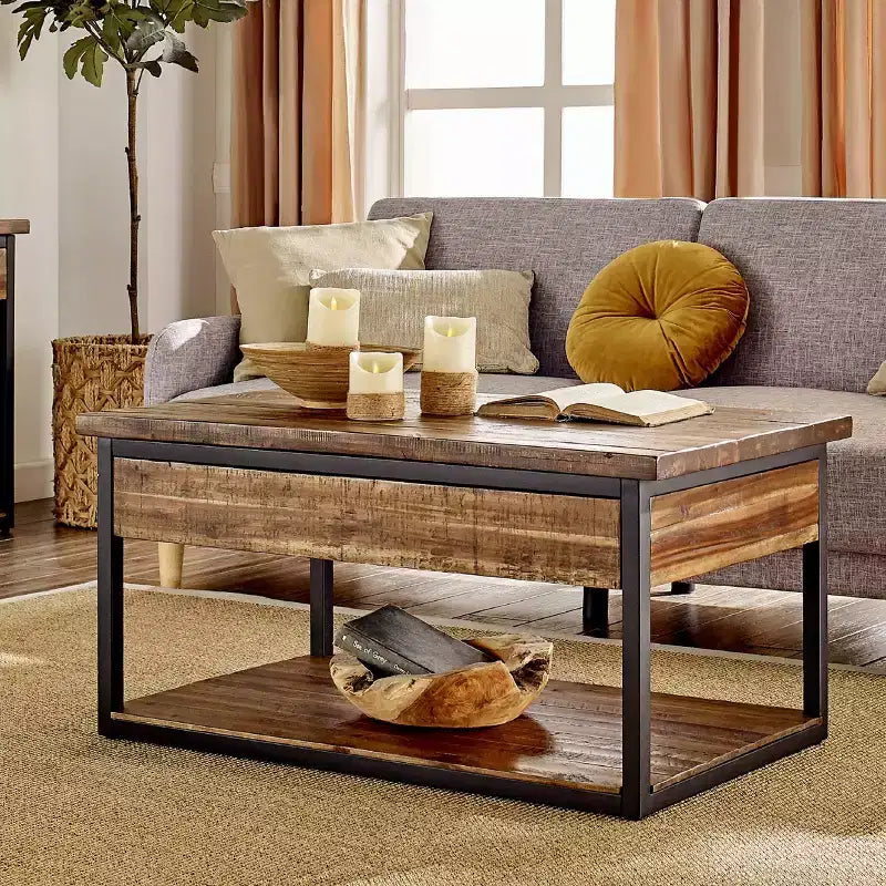 Table basse rustique en bois Claremont et 2 tables d'appoint noires – Alaterre Furniture : ensemble 3 pièces avec étagère et tiroirs