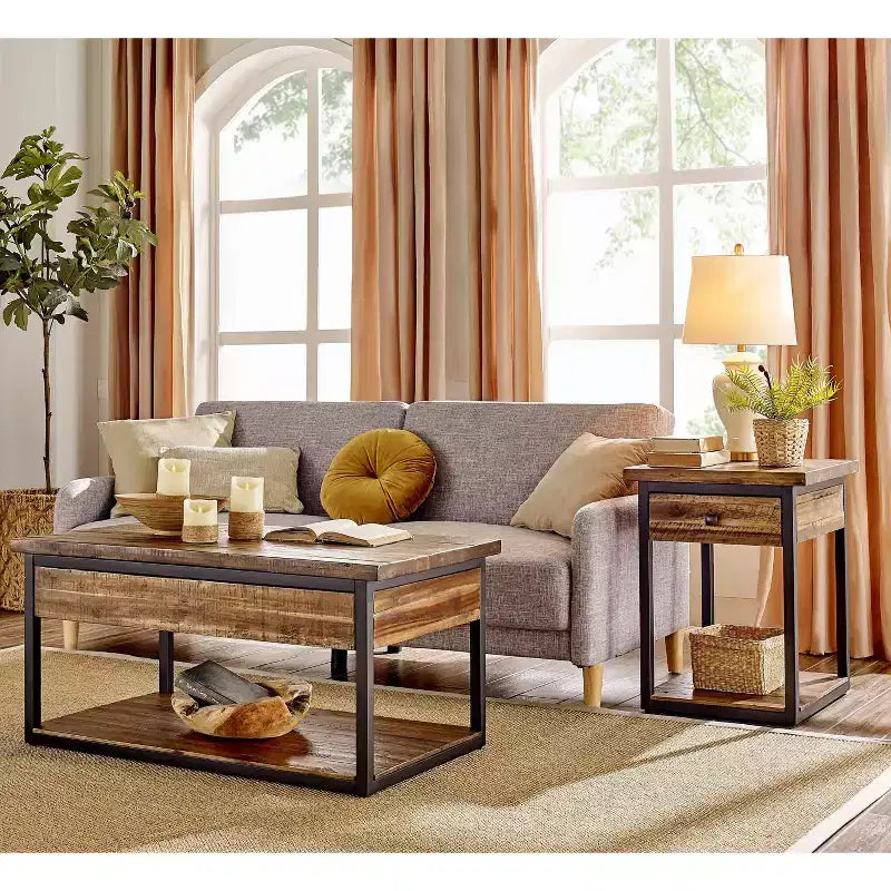 Table basse rustique en bois Claremont et 2 tables d'appoint noires – Alaterre Furniture : ensemble 3 pièces avec étagère et tiroirs