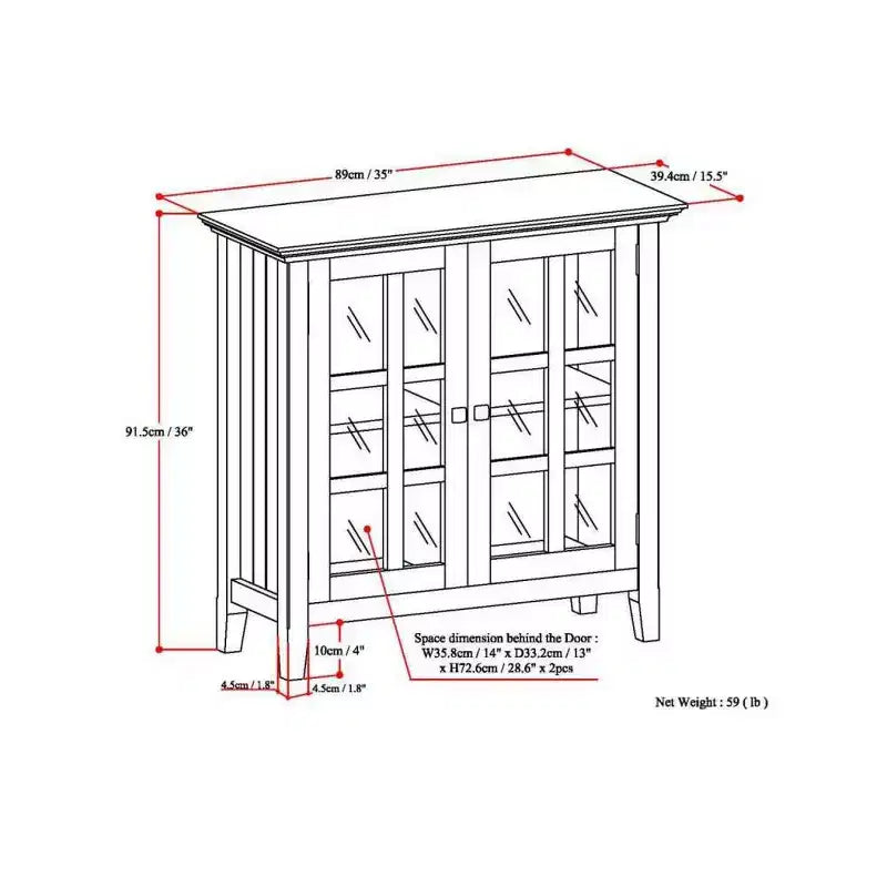 Meuble bas de rangement « Normandy » de 35 po, brun brunette – WyndenHall : Style transitionnel, portes vitrées, étagères réglables