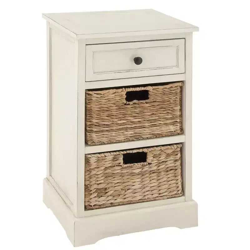 Farmhouse Wood and Wicker Basket Side Table White - Olivia & May: Storage Unit with 3 Drawers