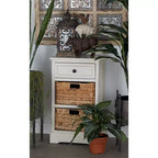 Table d'appoint en bois de ferme et osier blanc - Olivia & May : Meuble de rangement avec 3 tiroirs
