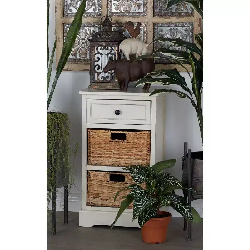 Table d'appoint en bois de ferme et osier blanc - Olivia & May : Meuble de rangement avec 3 tiroirs