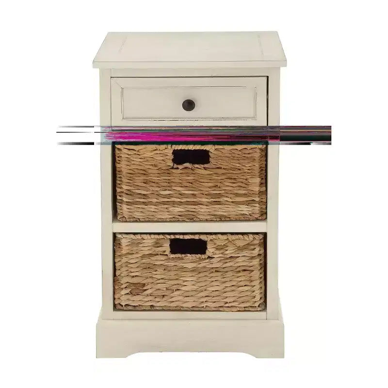 Table d'appoint en bois de ferme et osier blanc - Olivia & May : Meuble de rangement avec 3 tiroirs