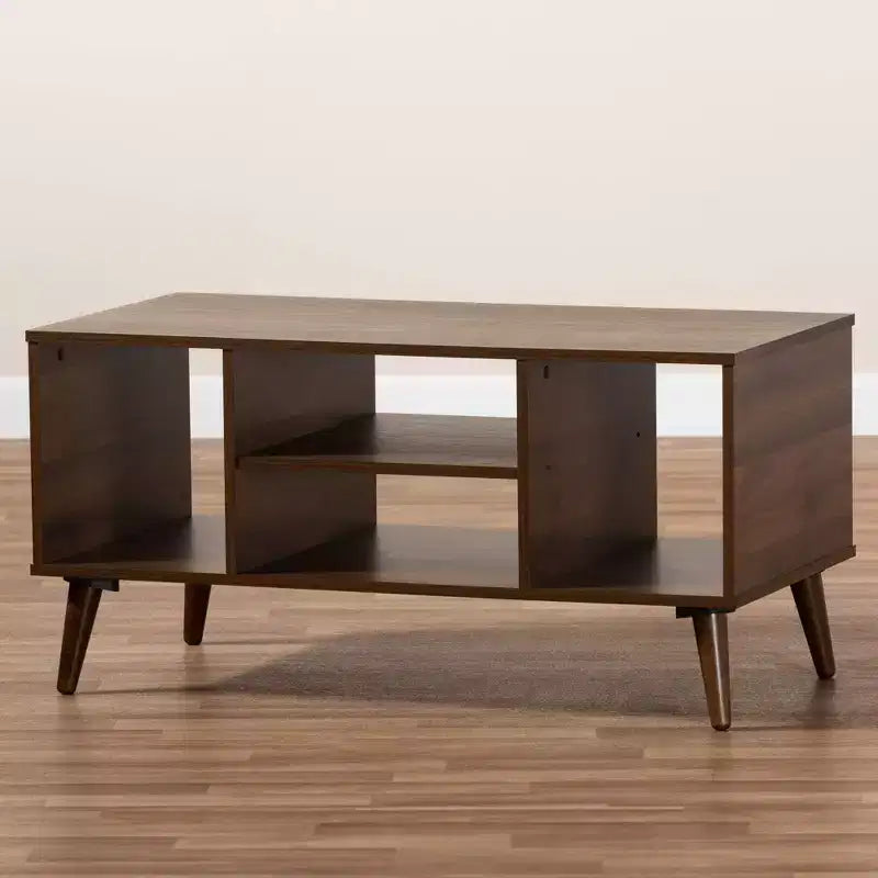 Table basse en bois Linas Noyer - Baxton Studio : Moderne du milieu du siècle, Étagères ouvertes, Rectangulaire, Meuble de salon