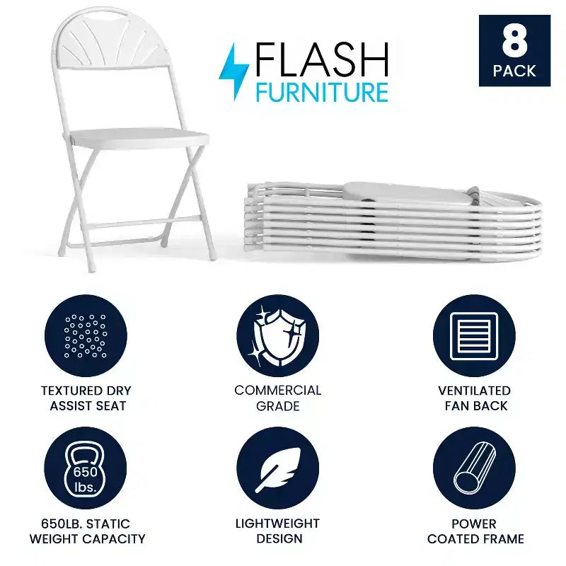 Chaise pliante Flash Furniture, série HERCULES, lot de 8, dossier éventail en plastique, capacité de 295 kg