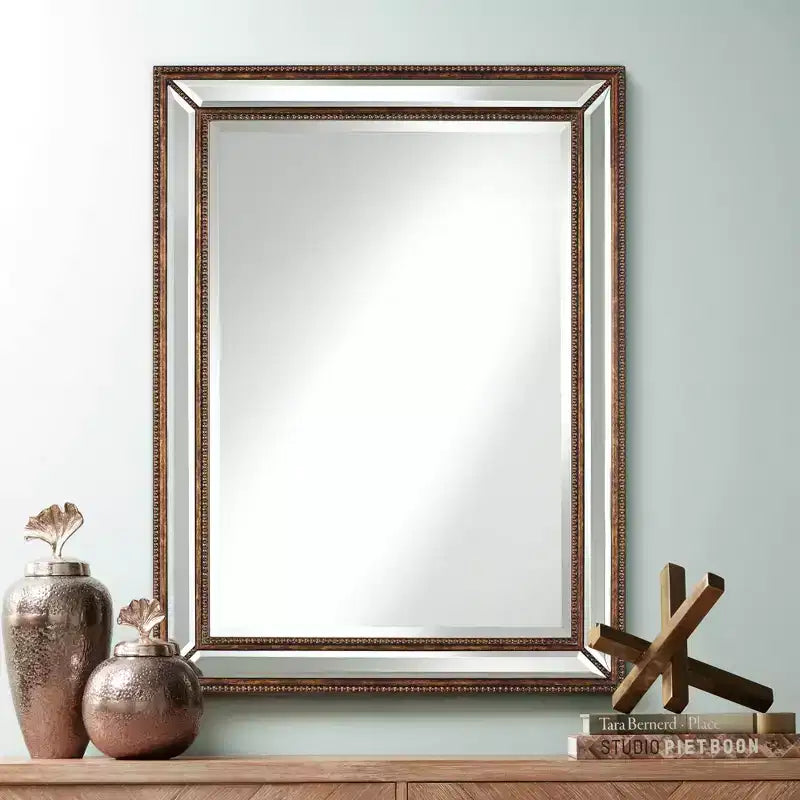 Miroir mural décoratif rond Uttermost Palais, style vintage rustique, biseauté, cadre perlé bronze marbré, 76 cm de large pour salle de bain, chambre à coucher, salon, maison