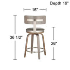Tabouret de bar pivotant Studio 55D Tilden Wood, marron, 66 cm de hauteur, avec coussin en cuir gris de style milieu du siècle, dossier et repose-pieds, pour comptoir de cuisine ou îlot.