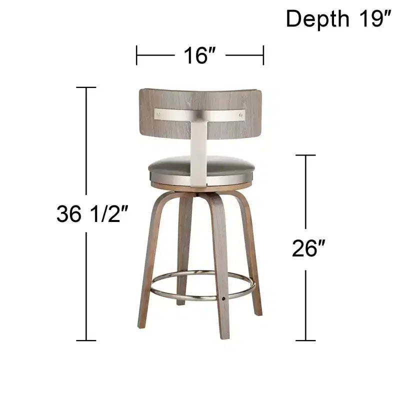 Tabouret de bar pivotant Studio 55D Tilden Wood, marron, 66 cm de hauteur, avec coussin en cuir gris de style milieu du siècle, dossier et repose-pieds, pour comptoir de cuisine ou îlot.
