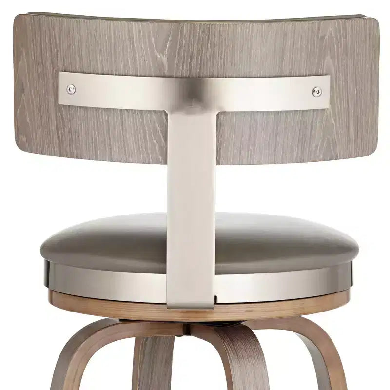 Tabouret de bar pivotant Studio 55D Tilden Wood, marron, 66 cm de hauteur, avec coussin en cuir gris de style milieu du siècle, dossier et repose-pieds, pour comptoir de cuisine ou îlot.