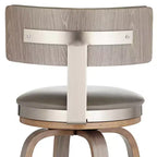 Tabouret de bar pivotant Studio 55D Tilden Wood, marron, 66 cm de hauteur, avec coussin en cuir gris de style milieu du siècle, dossier et repose-pieds, pour comptoir de cuisine ou îlot.