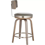 Tabouret de bar pivotant Studio 55D Tilden Wood, marron, 66 cm de hauteur, avec coussin en cuir gris de style milieu du siècle, dossier et repose-pieds, pour comptoir de cuisine ou îlot.