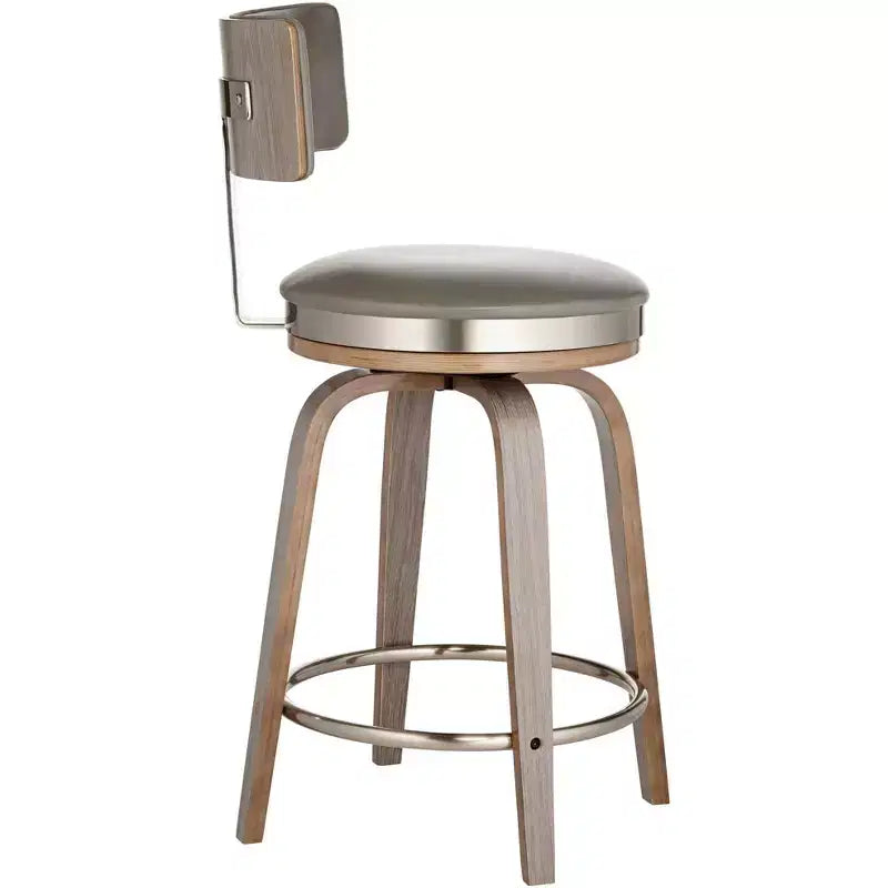 Tabouret de bar pivotant Studio 55D Tilden Wood, marron, 66 cm de hauteur, avec coussin en cuir gris de style milieu du siècle, dossier et repose-pieds, pour comptoir de cuisine ou îlot.