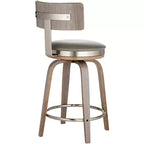 Tabouret de bar pivotant Studio 55D Tilden Wood, marron, 66 cm de hauteur, avec coussin en cuir gris de style milieu du siècle, dossier et repose-pieds, pour comptoir de cuisine ou îlot.
