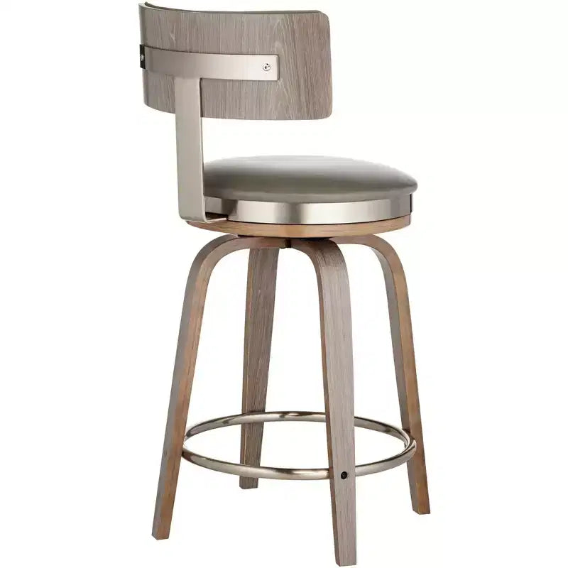 Tabouret de bar pivotant Studio 55D Tilden Wood, marron, 66 cm de hauteur, avec coussin en cuir gris de style milieu du siècle, dossier et repose-pieds, pour comptoir de cuisine ou îlot.