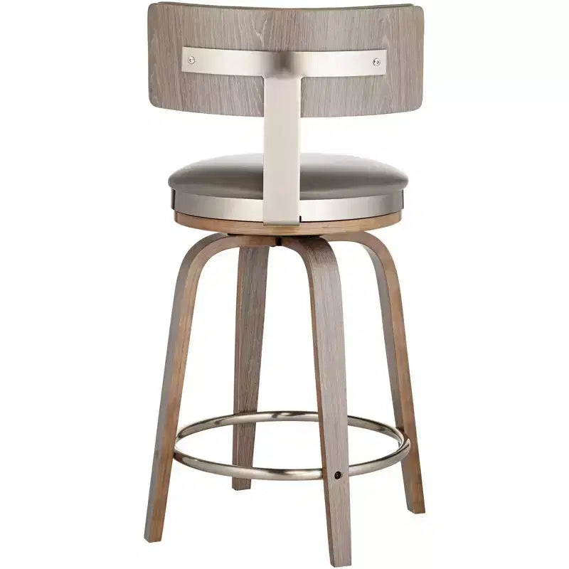 Tabouret de bar pivotant Studio 55D Tilden Wood, marron, 66 cm de hauteur, avec coussin en cuir gris de style milieu du siècle, dossier et repose-pieds, pour comptoir de cuisine ou îlot.