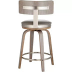 Tabouret de bar pivotant Studio 55D Tilden Wood, marron, 66 cm de hauteur, avec coussin en cuir gris de style milieu du siècle, dossier et repose-pieds, pour comptoir de cuisine ou îlot.