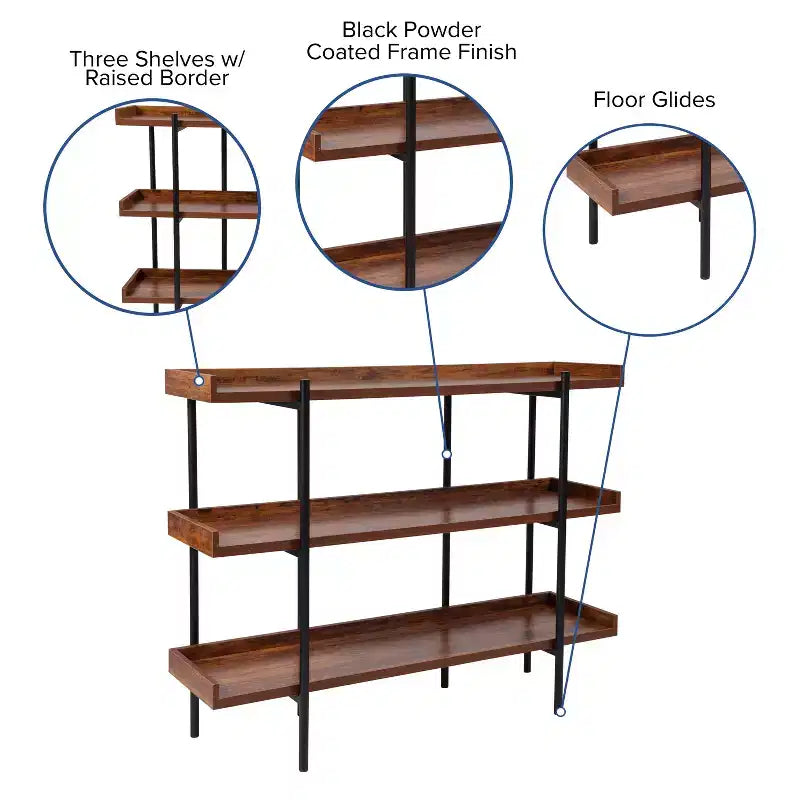 Flash Furniture Mayfair Étagère de Rangement/Bibliothèque à 3 Niveaux de 89 cm de Haut avec Cadre en Métal Noir et Finition Grain de Bois Rustique