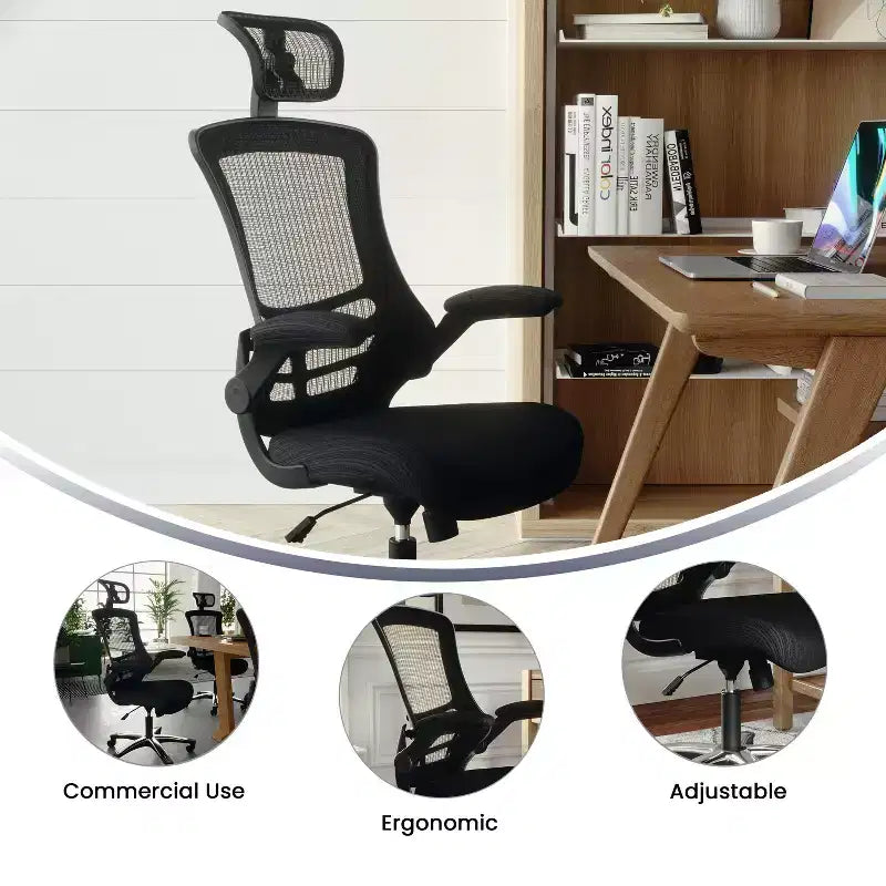 Fauteuil de bureau ergonomique de direction Flash Furniture Kelista à dossier haut en maille noire, pivotant, avec accoudoirs relevables et appuie-tête réglable