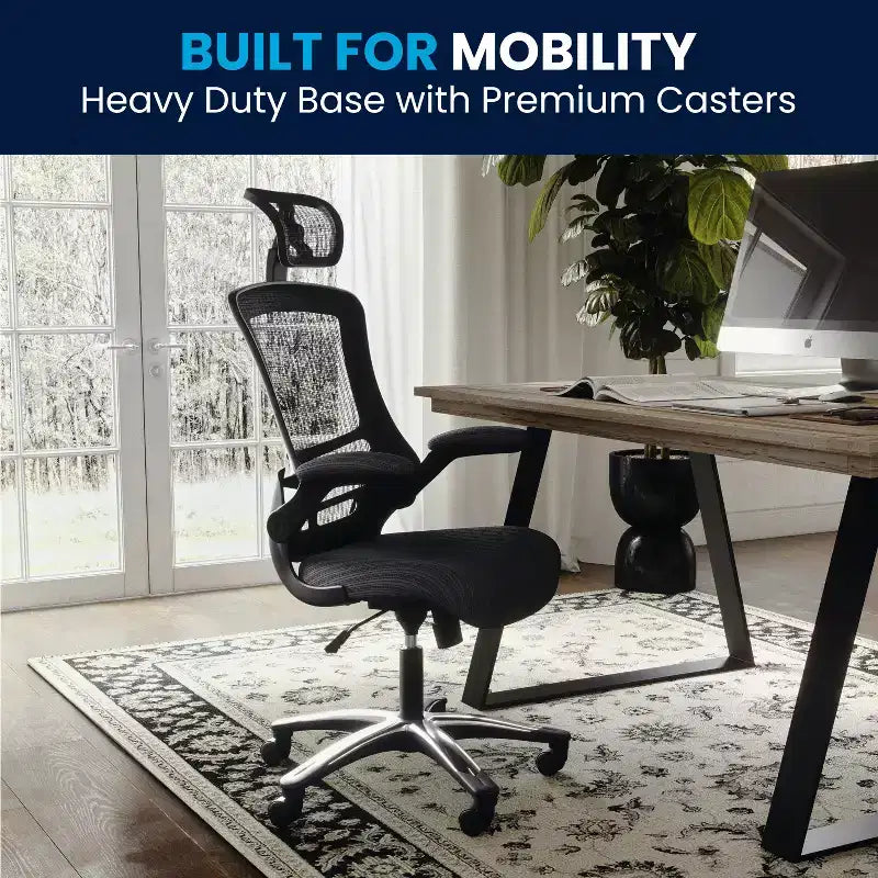 Fauteuil de bureau ergonomique de direction Flash Furniture Kelista à dossier haut en maille noire, pivotant, avec accoudoirs relevables et appuie-tête réglable