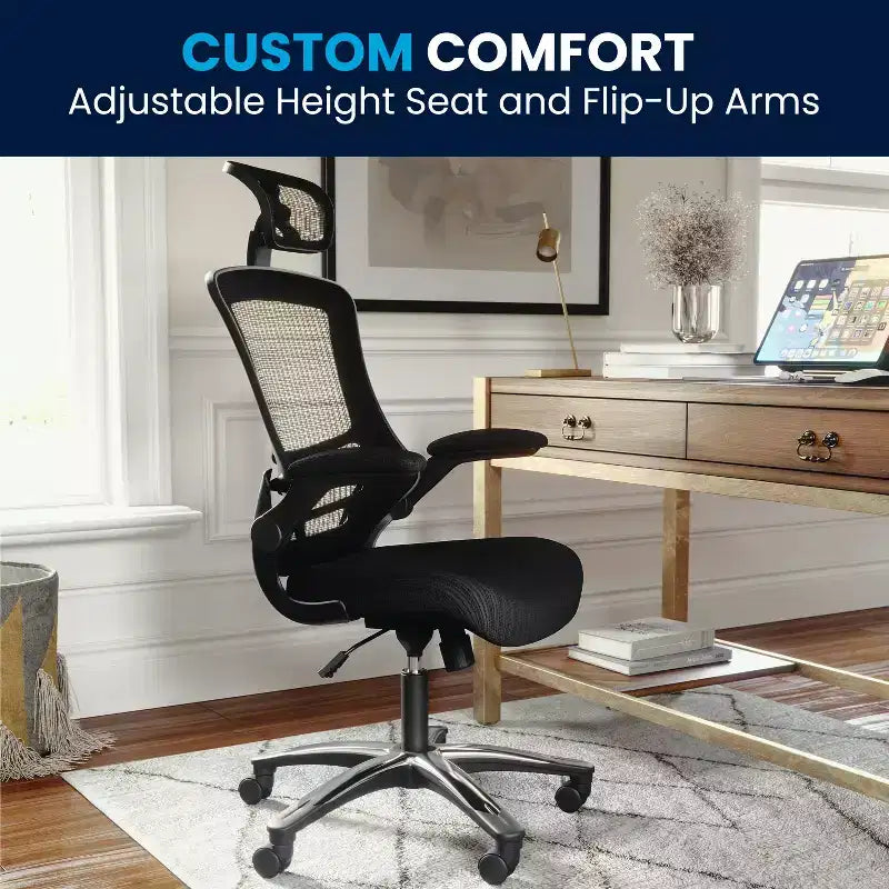 Fauteuil de bureau ergonomique de direction Flash Furniture Kelista à dossier haut en maille noire, pivotant, avec accoudoirs relevables et appuie-tête réglable