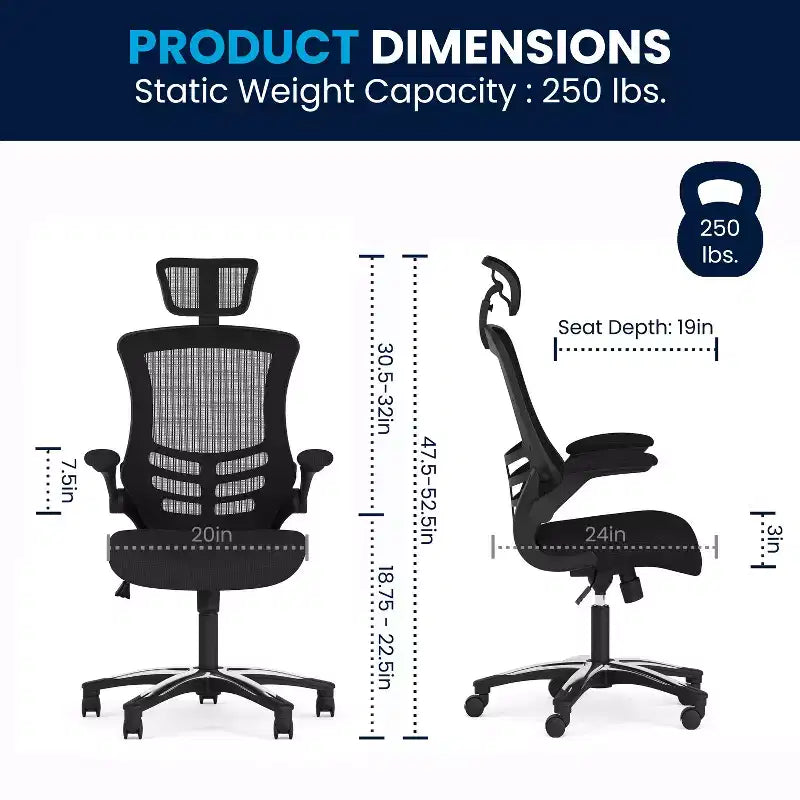 Fauteuil de bureau ergonomique de direction Flash Furniture Kelista à dossier haut en maille noire, pivotant, avec accoudoirs relevables et appuie-tête réglable