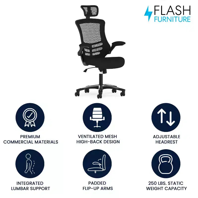 Fauteuil de bureau ergonomique de direction Flash Furniture Kelista à dossier haut en maille noire, pivotant, avec accoudoirs relevables et appuie-tête réglable