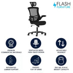 Fauteuil de bureau ergonomique de direction Flash Furniture Kelista à dossier haut en maille noire, pivotant, avec accoudoirs relevables et appuie-tête réglable