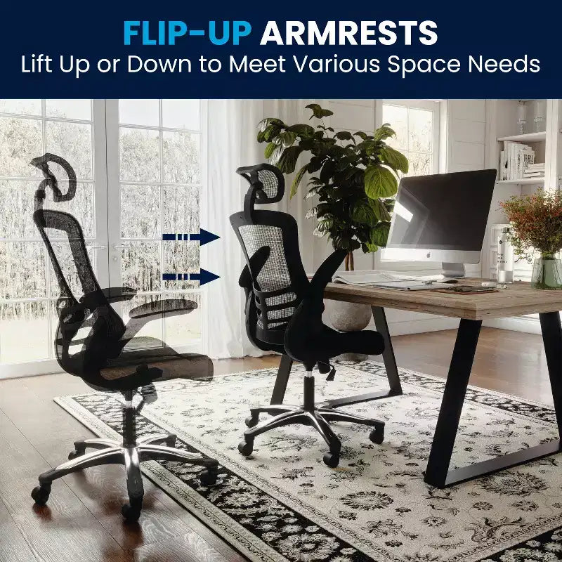 Fauteuil de bureau ergonomique de direction Flash Furniture Kelista à dossier haut en maille noire, pivotant, avec accoudoirs relevables et appuie-tête réglable