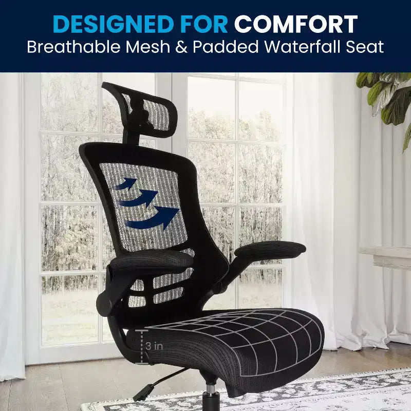 Fauteuil de bureau ergonomique de direction Flash Furniture Kelista à dossier haut en maille noire, pivotant, avec accoudoirs relevables et appuie-tête réglable