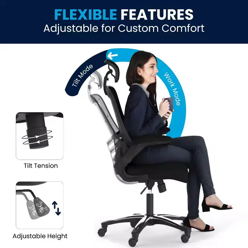 Fauteuil de bureau ergonomique de direction Flash Furniture Kelista à dossier haut en maille noire, pivotant, avec accoudoirs relevables et appuie-tête réglable