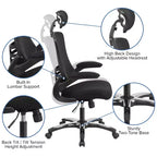 Fauteuil de bureau ergonomique de direction Flash Furniture Kelista à dossier haut en maille noire, pivotant, avec accoudoirs relevables et appuie-tête réglable