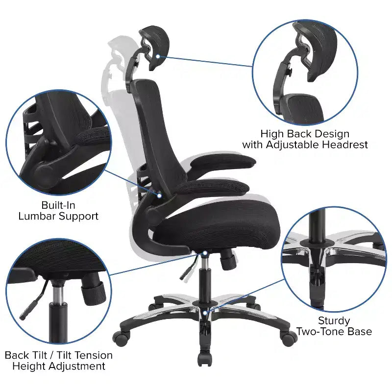 Fauteuil de bureau ergonomique de direction Flash Furniture Kelista à dossier haut en maille noire, pivotant, avec accoudoirs relevables et appuie-tête réglable