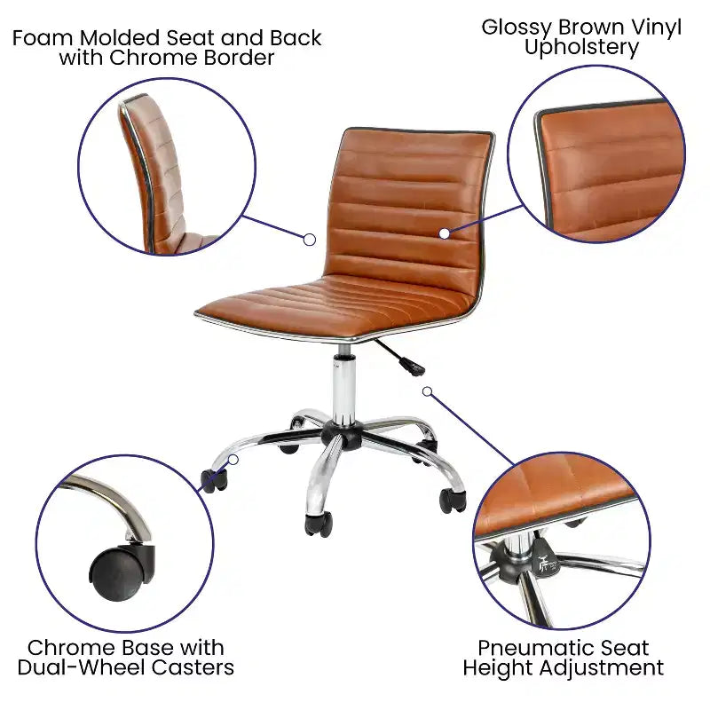 Chaise de bureau pivotante sans accoudoirs nervurée à dossier bas Flash Furniture