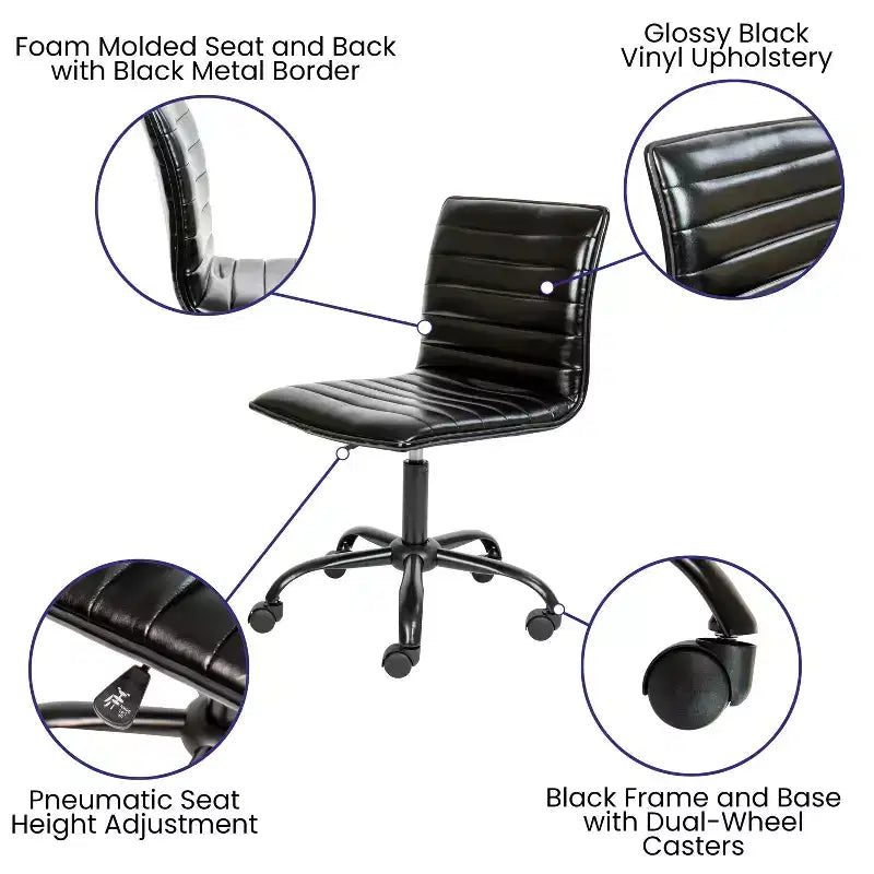 Chaise de bureau pivotante sans accoudoirs nervurée à dossier bas Flash Furniture