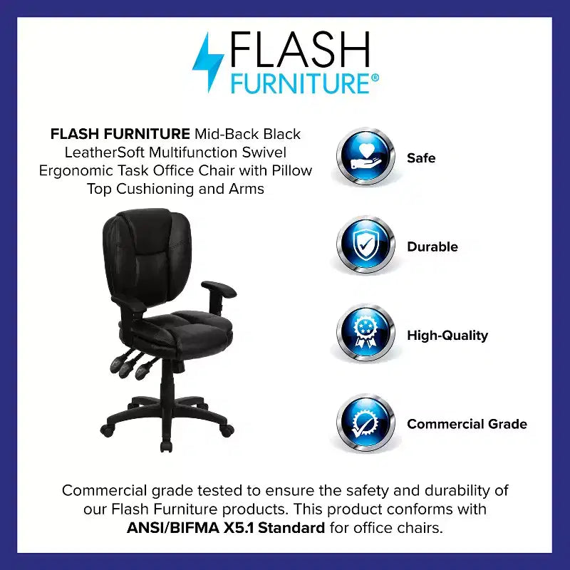 Chaise de bureau ergonomique pivotante multifonction Flash Furniture à dossier mi-hauteur avec coussin supérieur et accoudoirs réglables