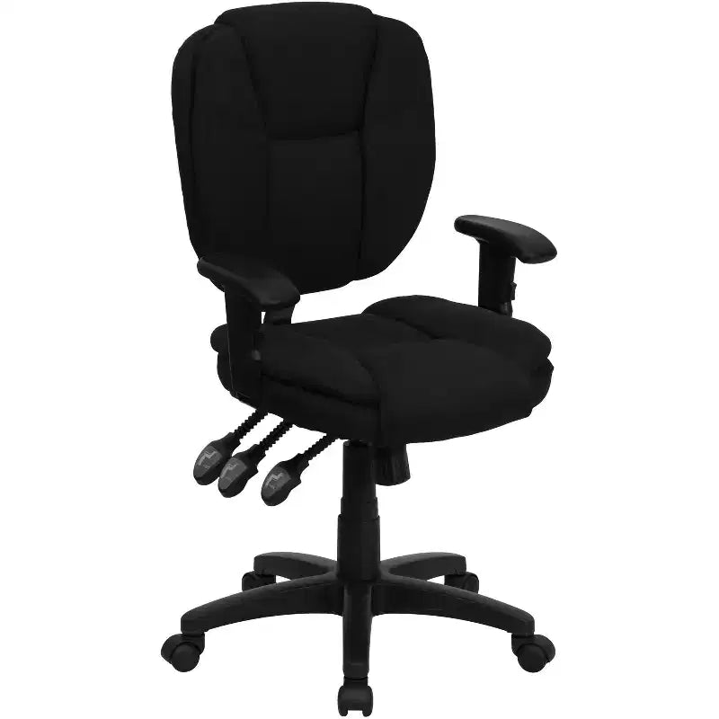 Chaise de bureau ergonomique pivotante multifonction Flash Furniture à dossier mi-hauteur avec coussin supérieur et accoudoirs réglables