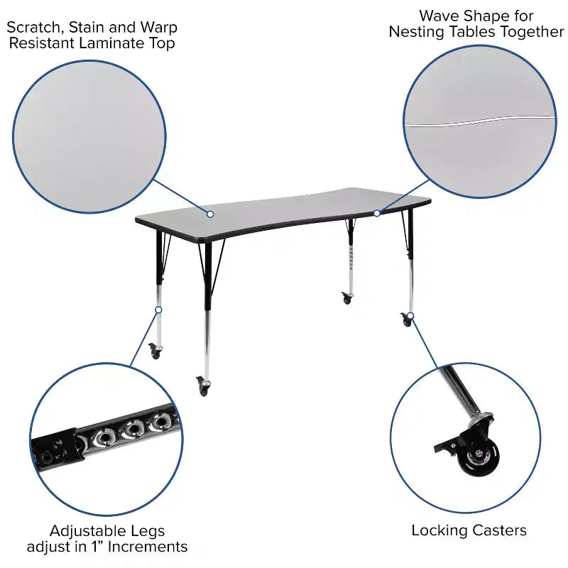 Table d'activités rectangulaire mobile Flash Furniture 26W x 60L à vagues, collaborative et flexible, en stratifié thermique - Pieds réglables en hauteur standard