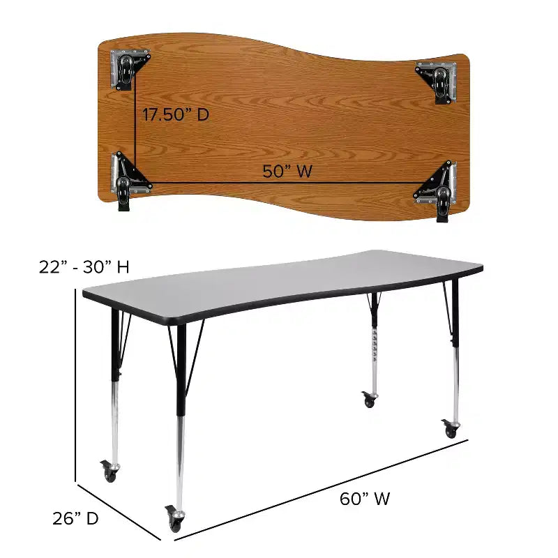 Table d'activités rectangulaire mobile Flash Furniture 26W x 60L à vagues, collaborative et flexible, en stratifié thermique - Pieds réglables en hauteur standard