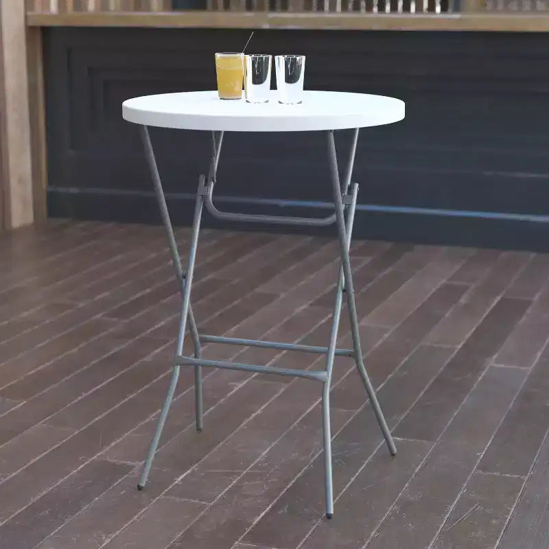 Table d'événement pliante Emma et Oliver de 79 cm de diamètre, hauteur de bar, en plastique blanc aspect granit