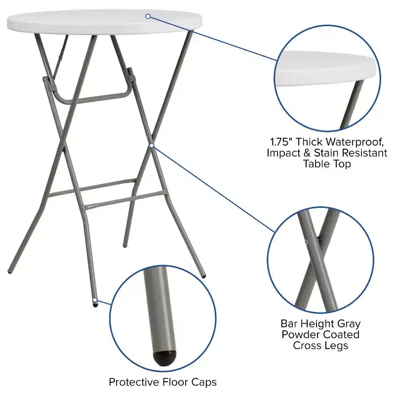 Table d'événement pliante Emma et Oliver de 79 cm de diamètre, hauteur de bar, en plastique blanc aspect granit