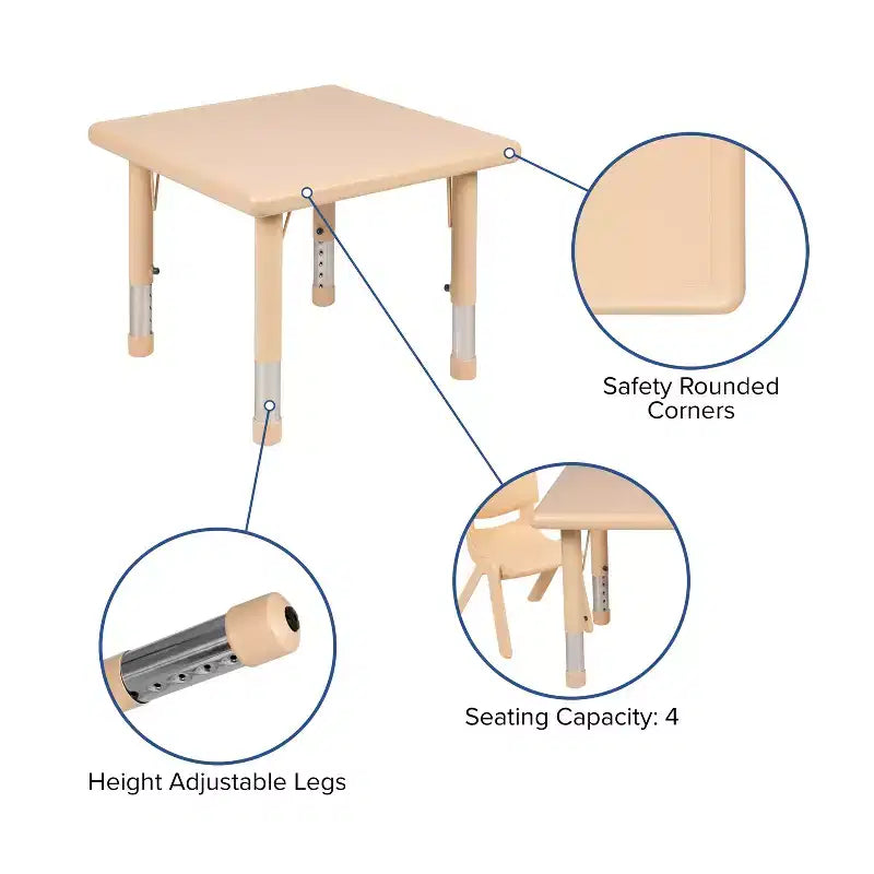 Table d'activités carrée en plastique Emma et Oliver de 24 po réglable en hauteur