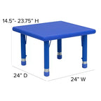 Table d'activités carrée en plastique Emma et Oliver de 24 po réglable en hauteur