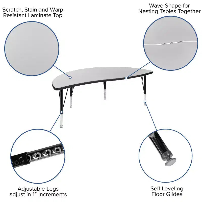 Ensemble table d'activités pour enfants Emma et Oliver, 3 pièces, ovale, forme vague, collaboratif, gris, réglable