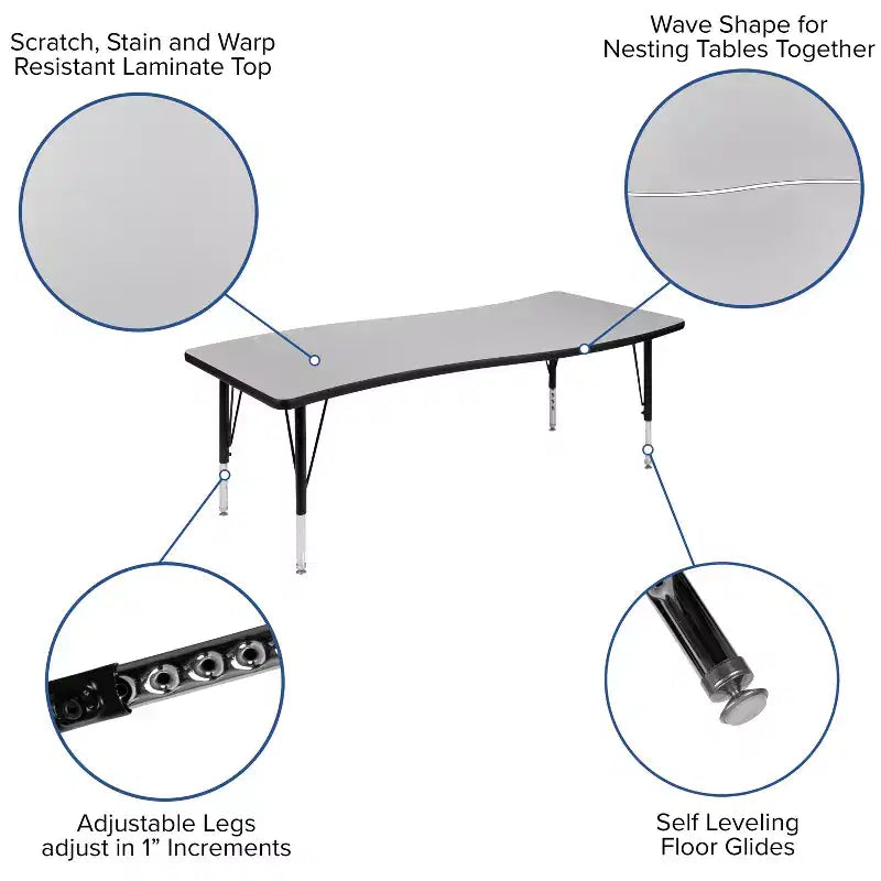 Ensemble table d'activités pour enfants Emma et Oliver, 3 pièces, ovale, forme vague, collaboratif, gris, réglable