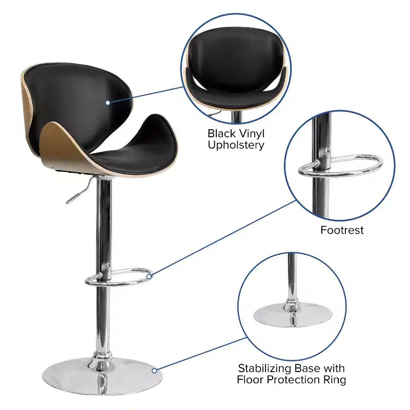 Tabouret de bar Emma et Oliver Bentwood réglable en hauteur avec assise/dossier incurvés en vinyle