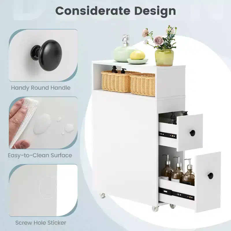 Meuble de rangement de salle de bain mobile Costway, porte-papier de toilette étroit avec 2 tiroirs
