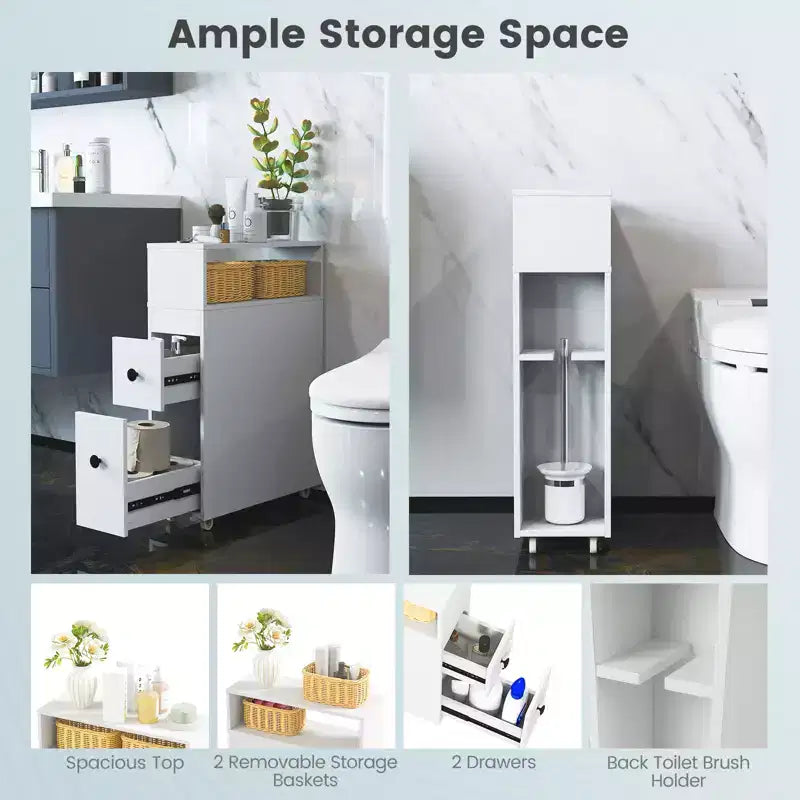 Meuble de rangement de salle de bain mobile Costway, porte-papier de toilette étroit avec 2 tiroirs