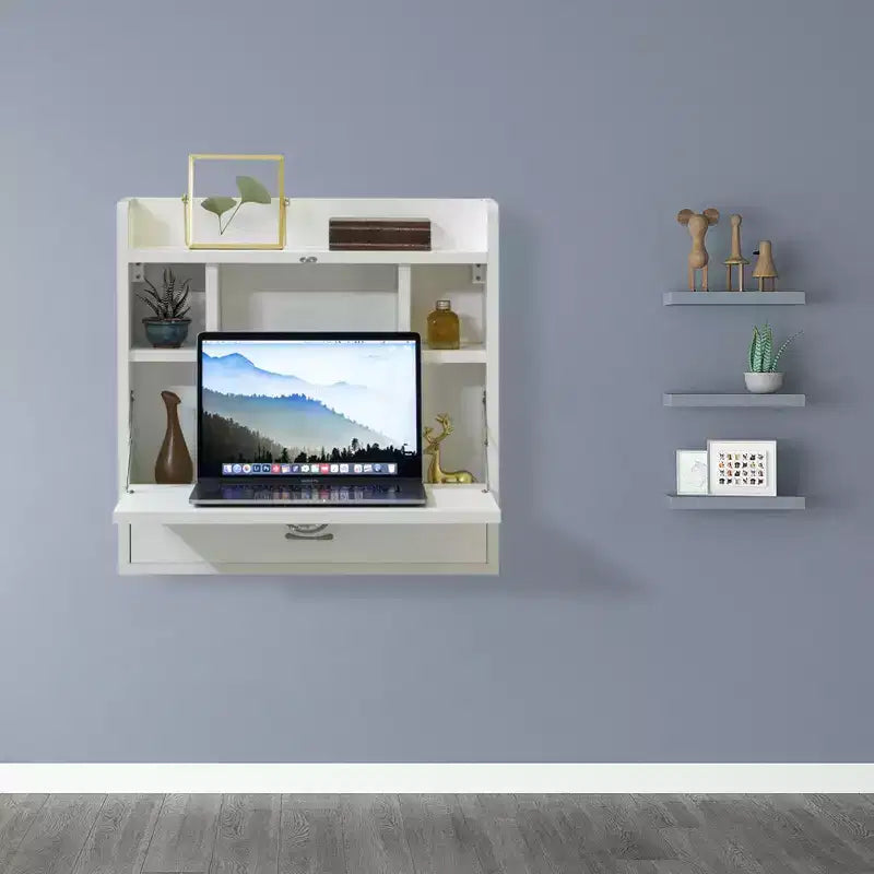 Bureau mural pliant Basicwise pour ordinateur portable, écriture, ordinateur ou maquillage avec étagères de rangement et tiroir