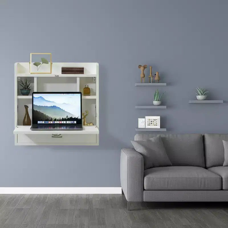 Bureau mural pliant Basicwise pour ordinateur portable, écriture, ordinateur ou maquillage avec étagères de rangement et tiroir
